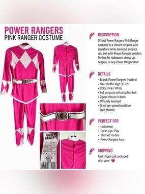 💗 Pink Power Rangers Costume Youth Large 10–12 Hasbro Halloween